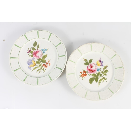 468 - Pair of Wedgwood plates with basket weave effect border framing central hand painted floral sprays, ... 