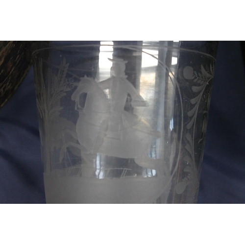 473 - Antique Dutch style glass vase etched with scene depicting horses and riders and having inscription ... 