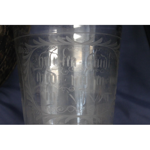 473 - Antique Dutch style glass vase etched with scene depicting horses and riders and having inscription ... 