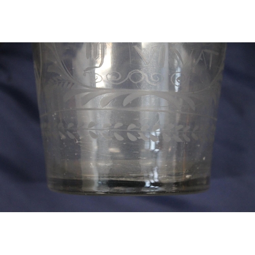 473 - Antique Dutch style glass vase etched with scene depicting horses and riders and having inscription ... 