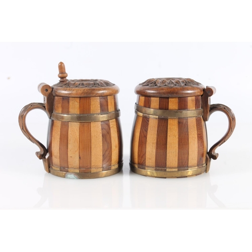 474 - Pair of Scandinavian style coopered wood peg style tankards, 11cm tall.