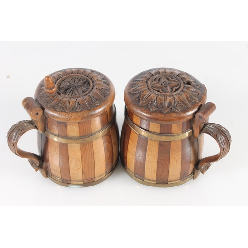 474 - Pair of Scandinavian style coopered wood peg style tankards, 11cm tall.