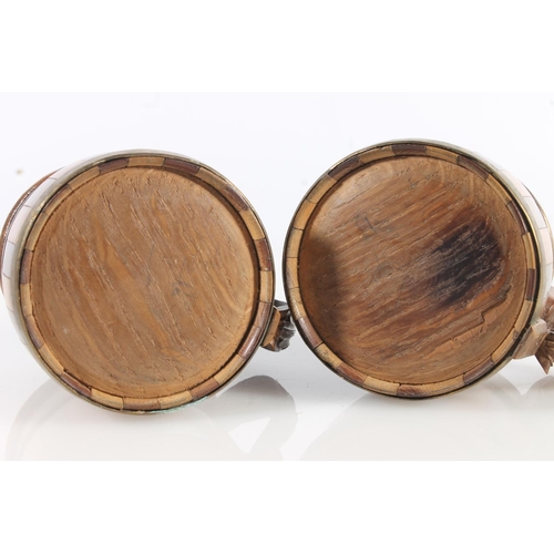 474 - Pair of Scandinavian style coopered wood peg style tankards, 11cm tall.