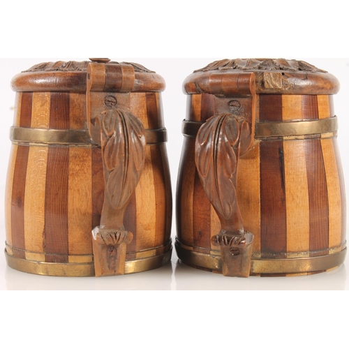 474 - Pair of Scandinavian style coopered wood peg style tankards, 11cm tall.