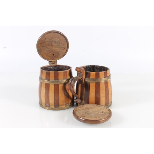 474 - Pair of Scandinavian style coopered wood peg style tankards, 11cm tall.