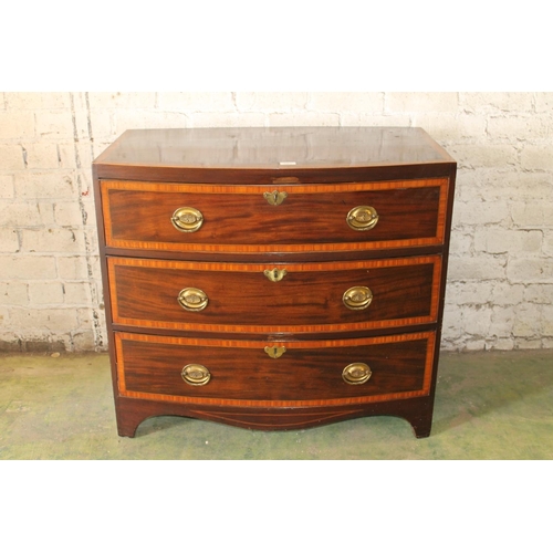 529 - Georgian flame mahogany and satinwood crossbanded bow front chest of drawers raised on bracket feet,... 