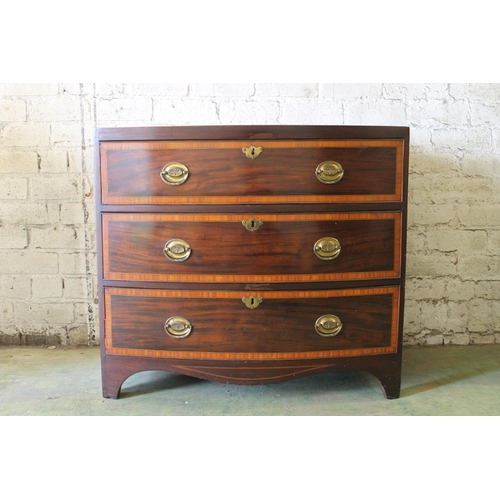 529 - Georgian flame mahogany and satinwood crossbanded bow front chest of drawers raised on bracket feet,... 