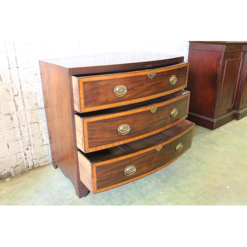 529 - Georgian flame mahogany and satinwood crossbanded bow front chest of drawers raised on bracket feet,... 