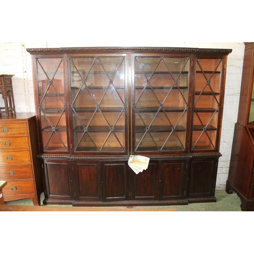 530 - Late Victorian mahogany breakfront four door library bookcase with astragal glazed cupboard doors ab... 