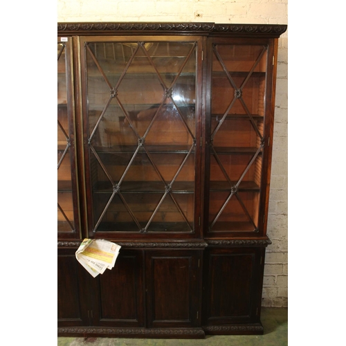 530 - Late Victorian mahogany breakfront four door library bookcase with astragal glazed cupboard doors ab... 