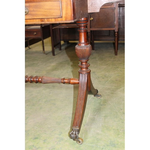 541 - Antique mahogany sofa table with two drop leafs, frieze drawers above trestle ends capped by brass f... 