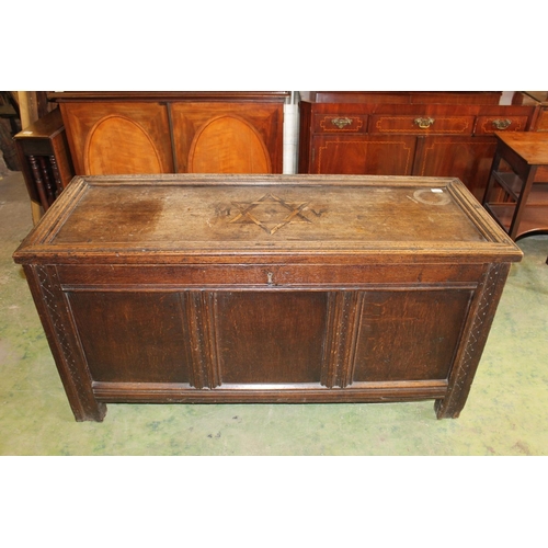 542 - 19th century oak blanket box coffer with triple fielded panel front, the top with inlaid Star of Dav... 