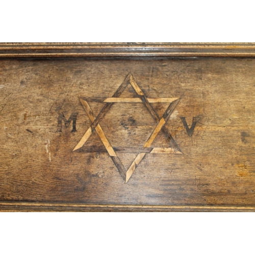 542 - 19th century oak blanket box coffer with triple fielded panel front, the top with inlaid Star of Dav... 