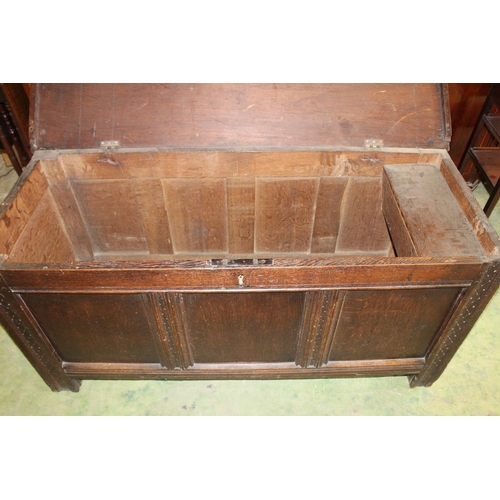 542 - 19th century oak blanket box coffer with triple fielded panel front, the top with inlaid Star of Dav... 