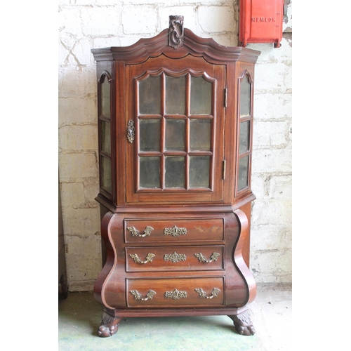 544 - Dutch style apprentice type miniature table top size bombe cabinet bookcase, 50cm wide, 80cm tall.