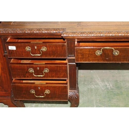 554 - 19th century mahogany breakfront desk, the top with inset brown leather skiver above carved moulded ... 