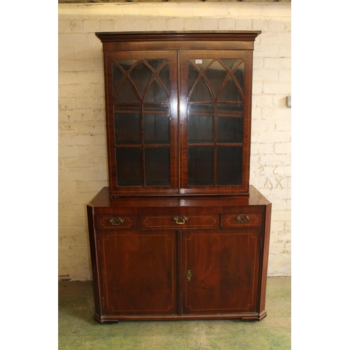 568 - Antique mahogany and satinwood string inlaid cabinet bookcase, the moulded cornice above flame mahog... 