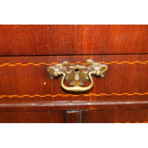 568 - Antique mahogany and satinwood string inlaid cabinet bookcase, the moulded cornice above flame mahog... 