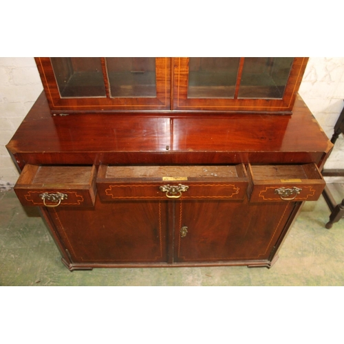 568 - Antique mahogany and satinwood string inlaid cabinet bookcase, the moulded cornice above flame mahog... 