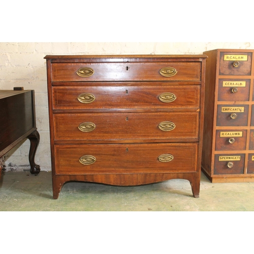 569 - Antique mahogany crossbanded and string inlaid bachelors chest of four drawers, raised on bracket fe... 