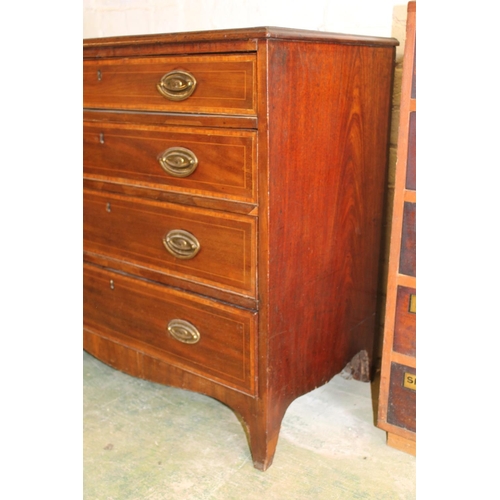 569 - Antique mahogany crossbanded and string inlaid bachelors chest of four drawers, raised on bracket fe... 