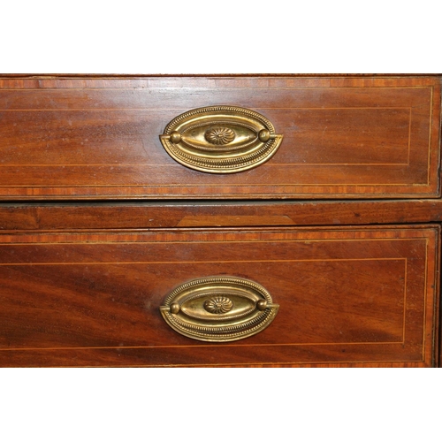 569 - Antique mahogany crossbanded and string inlaid bachelors chest of four drawers, raised on bracket fe... 