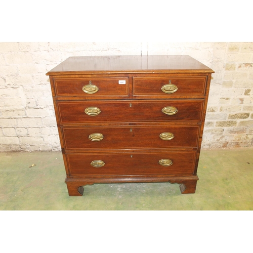 574 - 19th century mahogany and boxwood strung chest of drawers, the rectangular top with moulded edge abo... 