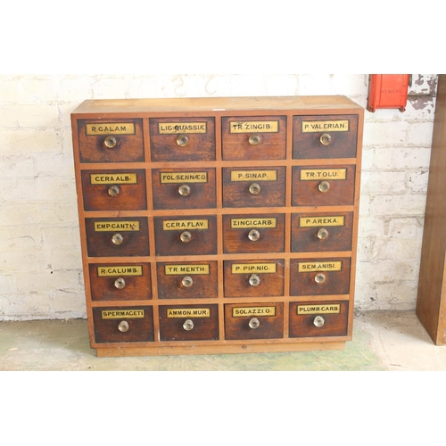 583 - Vintage chemists apothecary 4x5 bank of drawers, 86cm x 92cm x 30cm.