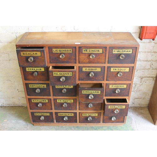 583 - Vintage chemists apothecary 4x5 bank of drawers, 86cm x 92cm x 30cm.