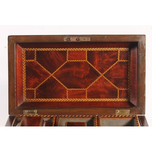 447 - 19th century flame mahogany tea caddy of casket form with fret carved band, raised on squat ogee bra... 