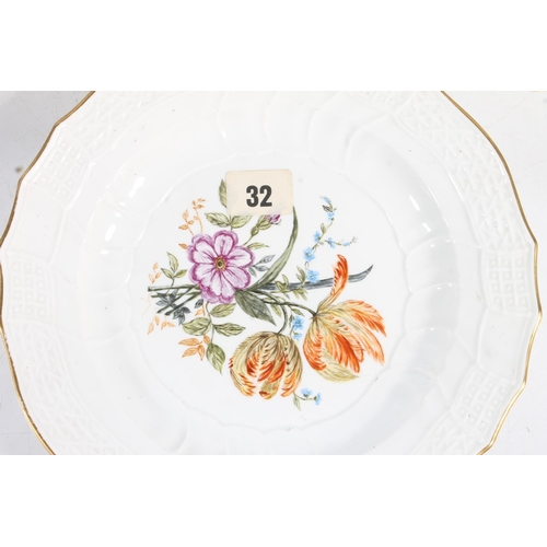 469 - Pair of Meissen style soup plates having gilt rim and imitation basket weave borders framing hand pa... 