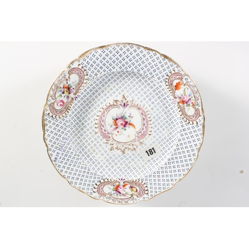 477 - Set of 12 19th century porcelain plates painted with vignettes of flowers against a uniform dot grid... 