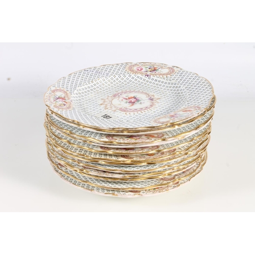 477 - Set of 12 19th century porcelain plates painted with vignettes of flowers against a uniform dot grid... 