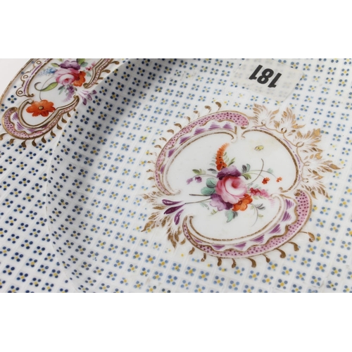 477 - Set of 12 19th century porcelain plates painted with vignettes of flowers against a uniform dot grid... 