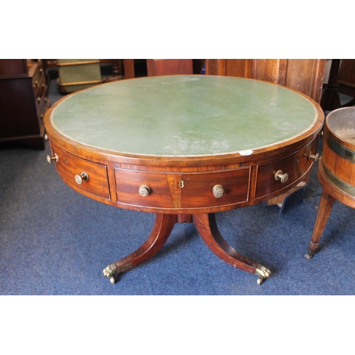 539 - Antique mahogany drum table of typical form, inset with green leather skiver and raised on tripod ba... 