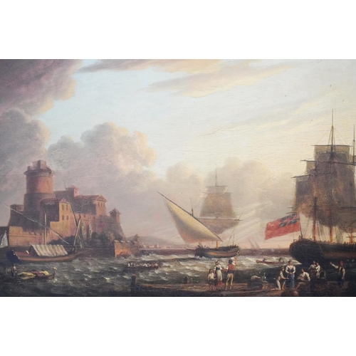 417 - 19TH CENTURY SCHOOL Busy harbour scene Oil painting on wood panel, unsigned, 33cm x 48cm.