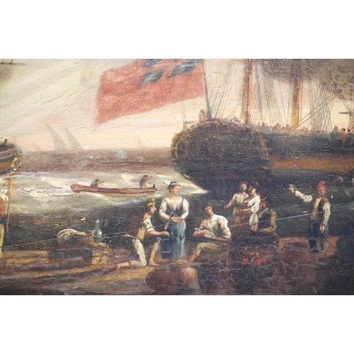 417 - 19TH CENTURY SCHOOL Busy harbour scene Oil painting on wood panel, unsigned, 33cm x 48cm.