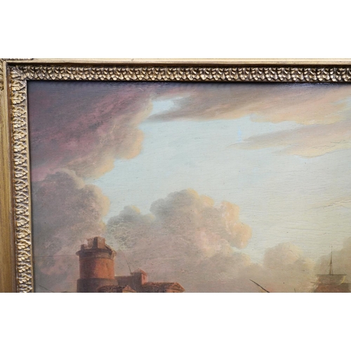 417 - 19TH CENTURY SCHOOL Busy harbour scene Oil painting on wood panel, unsigned, 33cm x 48cm.