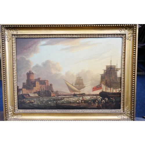 417 - 19TH CENTURY SCHOOL Busy harbour scene Oil painting on wood panel, unsigned, 33cm x 48cm.