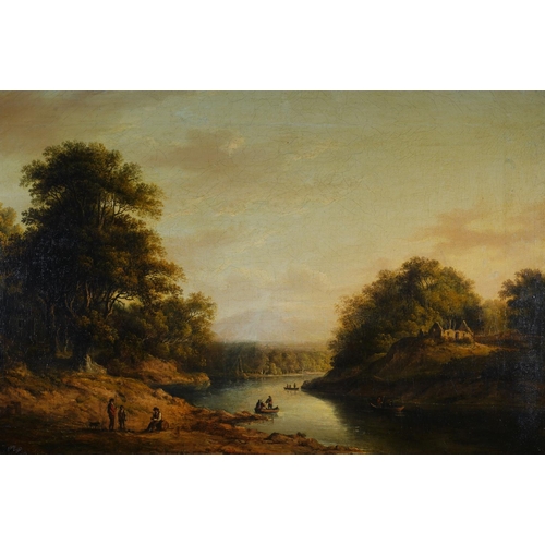 422 - Attributed to ALEXANDER NASMYTH (1758-1840), bend in the river, oil painting on canvas, unsigned, 39... 