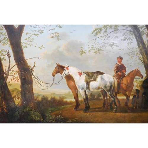 423 - 19TH CENTURY SCHOOL, figures and horses resting by the edge of a forest, oil painting, unsigned, 48c... 