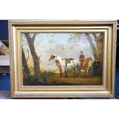 423 - 19TH CENTURY SCHOOL, figures and horses resting by the edge of a forest, oil painting, unsigned, 48c... 