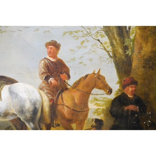 423 - 19TH CENTURY SCHOOL, figures and horses resting by the edge of a forest, oil painting, unsigned, 48c... 