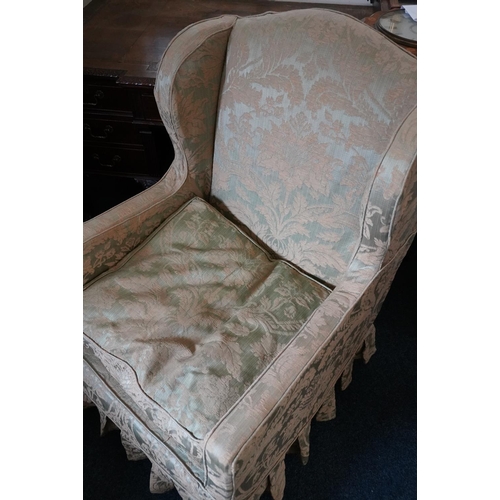 547 - Pair of 19th century wing armchairs with green relief floral design fabric covers, raised on mahogan... 