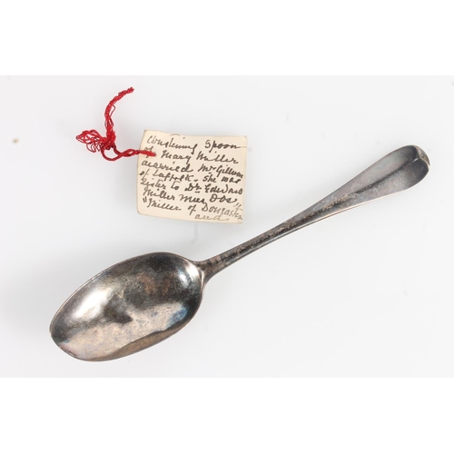 160 - Antique silver table spoon, the reverse engraved 'MM 1740', makers mark rubbed, appears London 1744,... 