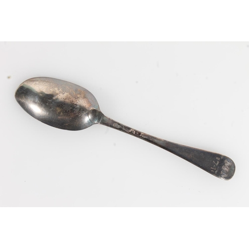 160 - Antique silver table spoon, the reverse engraved 'MM 1740', makers mark rubbed, appears London 1744,... 