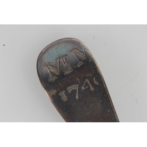 160 - Antique silver table spoon, the reverse engraved 'MM 1740', makers mark rubbed, appears London 1744,... 