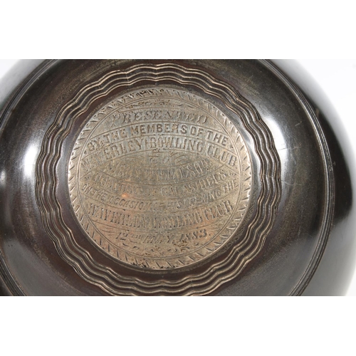 163 - Pair of lawn bowls with silver plaques inscribed 