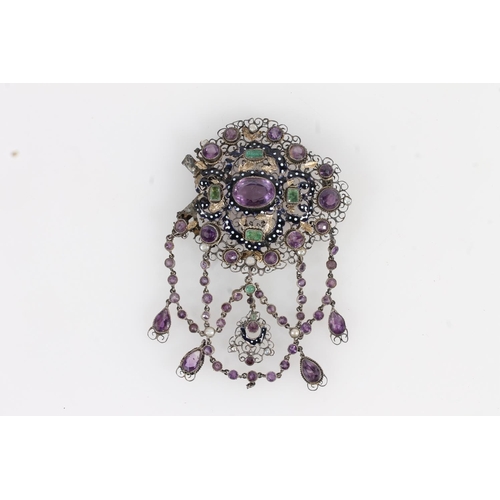 203 - Antique enamel white metal amethyst, pearl and emerald openwork pendant brooch, the green, white and... 