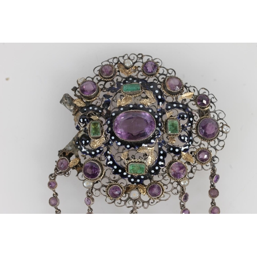 203 - Antique enamel white metal amethyst, pearl and emerald openwork pendant brooch, the green, white and... 